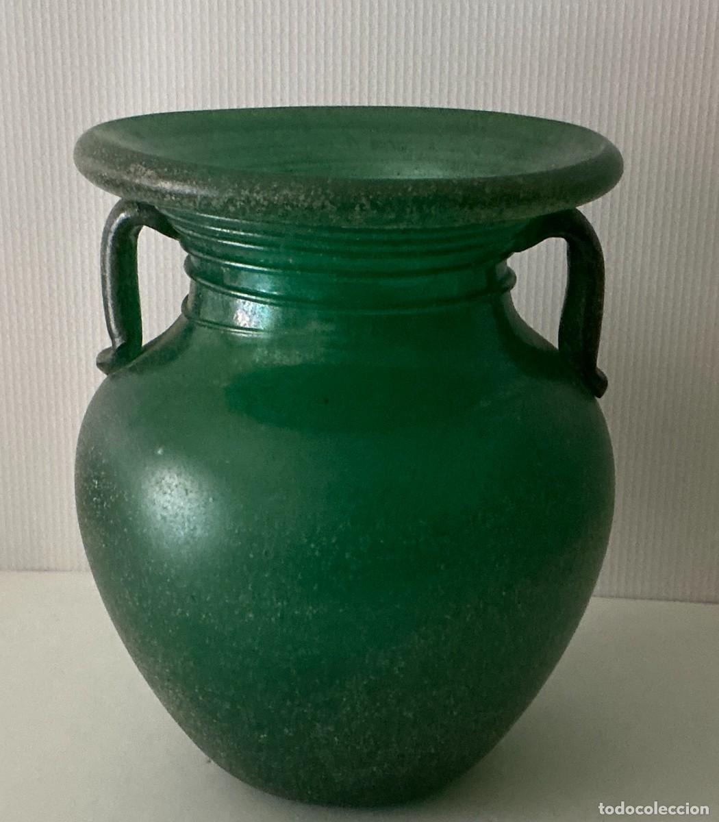 Vintage: Gran Vasija Jarr&oacute;n Vidrio Soplado Verde Esmeralda 2 Asas Estilo Arqueol&oacute;gico Scavo c. 1960- 24 cm