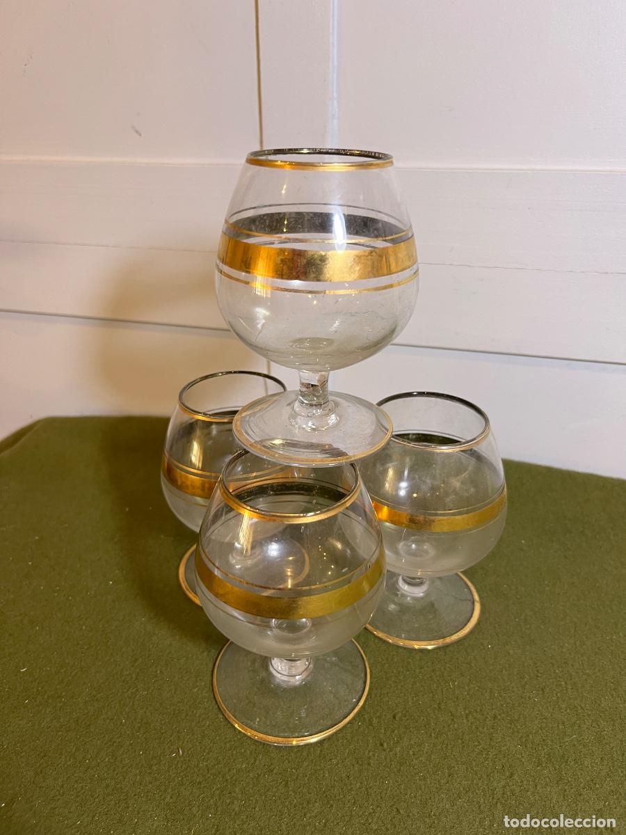 Vintage: Juego de 6 copas antiguas para co&ntilde;ac o brandy &ndash; Cristal decorado con bandas doradas &ndash; Vintage &ndash; 11,5