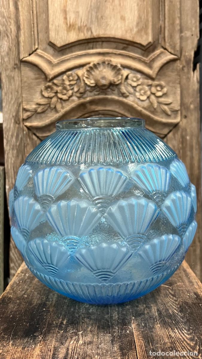 Vintage: Jarr&oacute;n art d&eacute;co bola vidrio prensado azul cielo abanicos estr&iacute;as 21x25cms