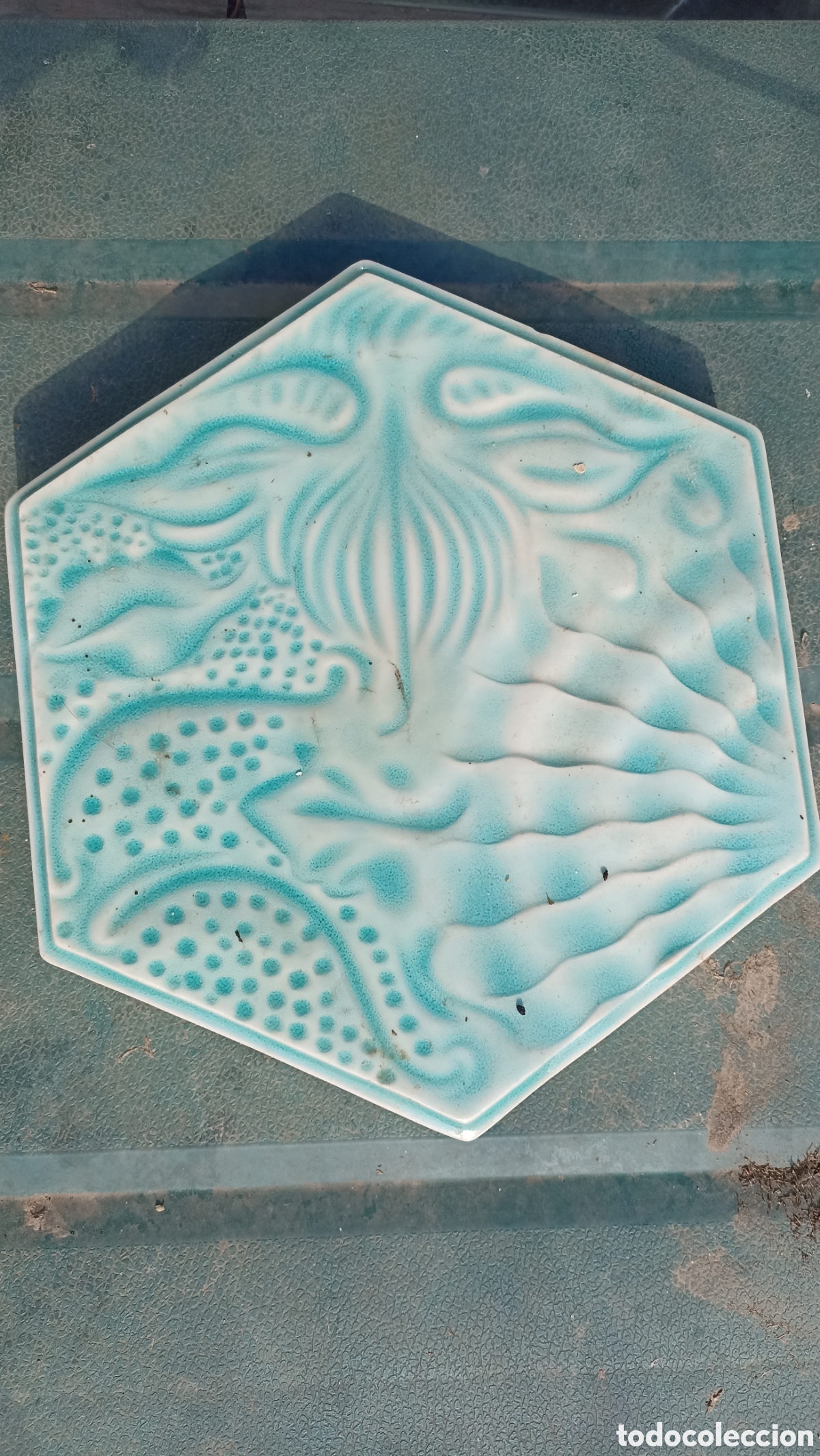 Vintage: Baldosa Hexagonal Gaud&iacute; (Panot Barcelona) &ndash; Cer&aacute;mica Vidriada Turquesa 28 cm