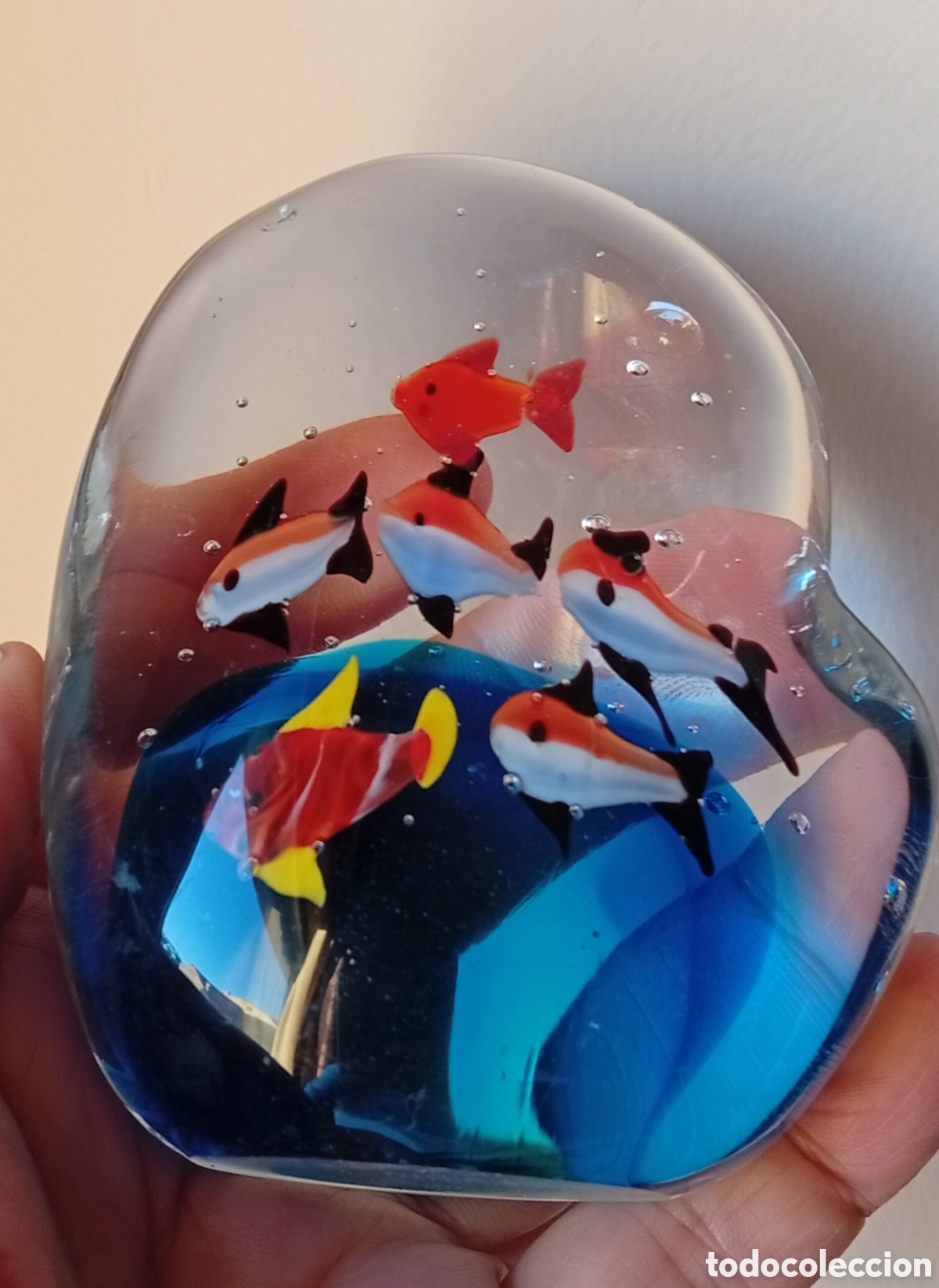 Vintage: Precioso decorativo viejo cristal Murano pisapapeles peces acuario