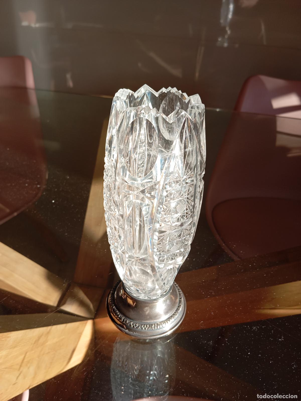 Vintage: JARR&Oacute;N DE CRISTAL 22 CM PLOMO TALLADO Y BASE DE PLATA DE LEY 915 mil&eacute;simas CONTRASTE DE ESTRELLA