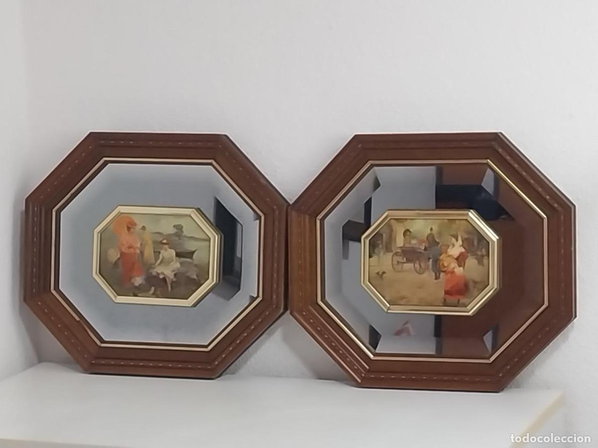 Vintage: Pareja de cuadros octogonales con espejo, vintage