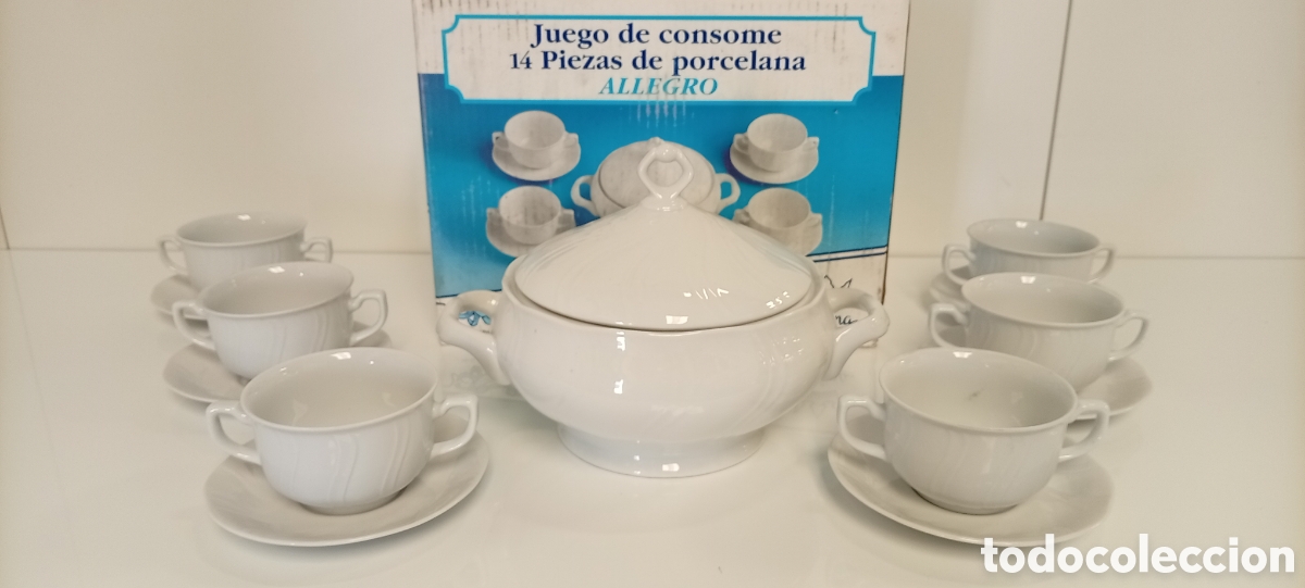 Vintage: .JUEGO DE CONSOME 14 PIEZAS EN PORCELANA BLANCA