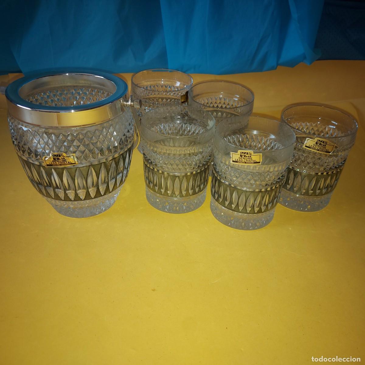 Vintage: CUBITERA DE HIELO Y VASOS DE WHISKY, CRISTAL TALLADO, A&Ntilde;OS 60- 70 / JUEGO CRISTALERIA