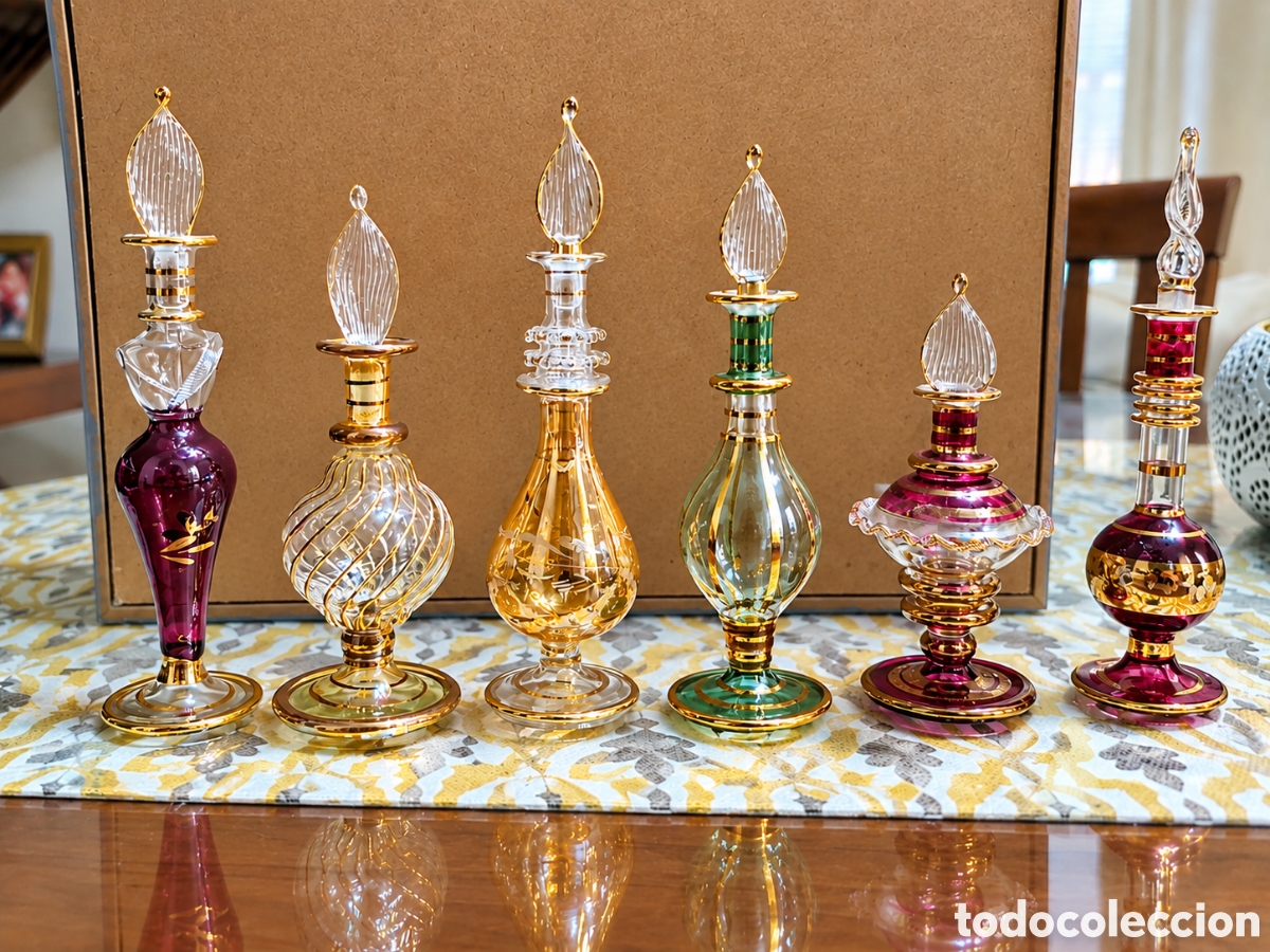 Vintage: Precioso lote de 6 antiguos perfumeros de cristal decorados y pitados a mano