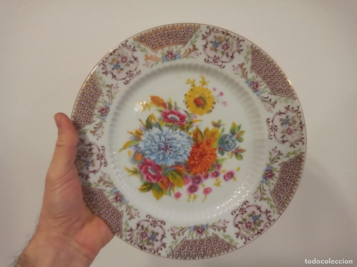 Vintage: PLATO DECORATIVO PORCELANA TSUJI RAMO FLORAL Y CENEFA ROCOC&Oacute; 25 CM