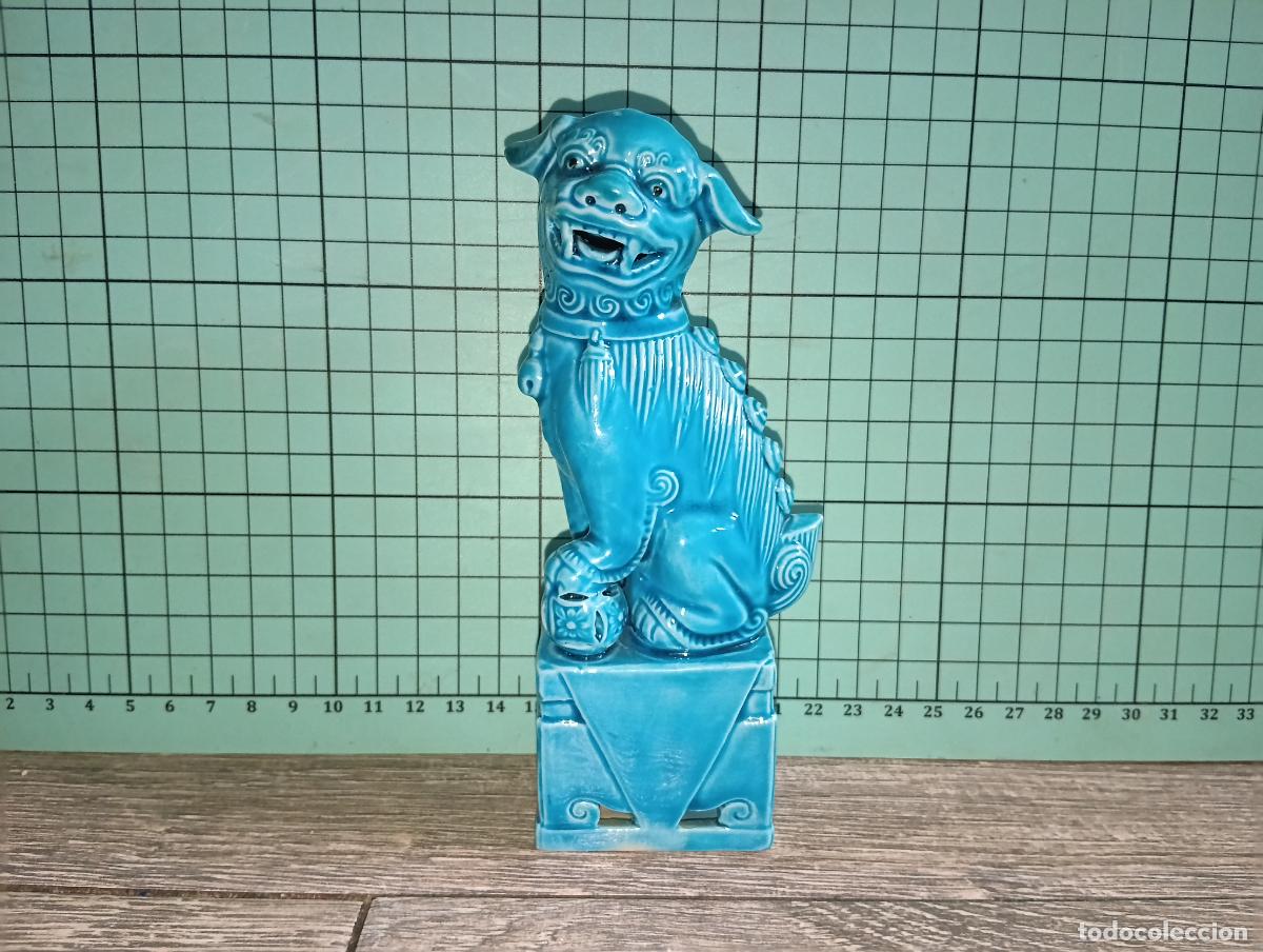 Vintage: Figura Oriental Perro Dragon Foo Lion Leon Chino Porcelana Turquesa Vintage 15 cms