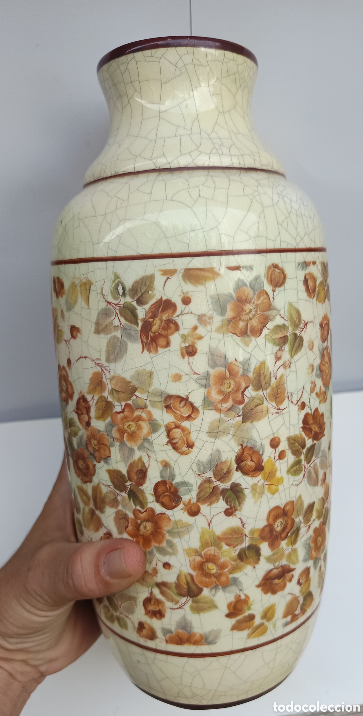Vintage: Jarr&oacute;n cer&aacute;mica Espa&ntilde;a tipo craquelado con flores