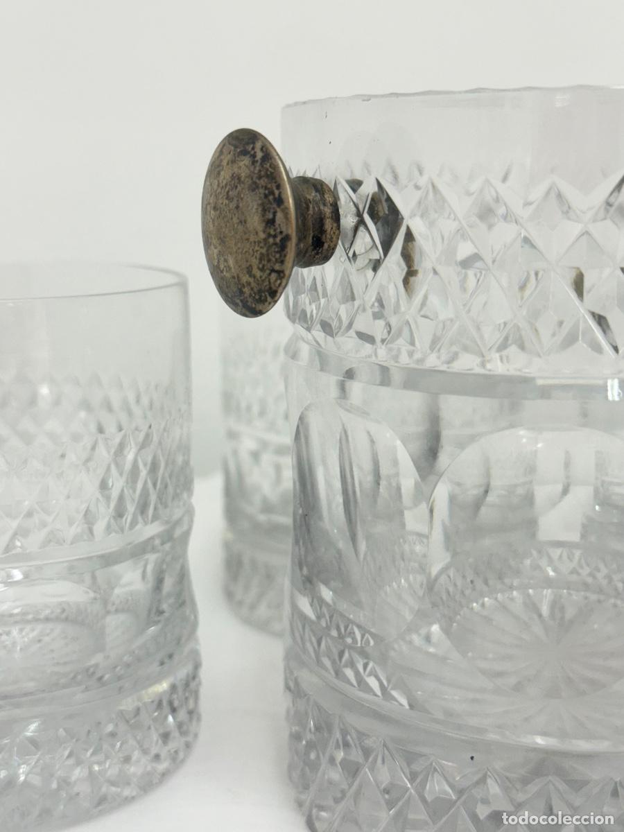 Vintage: Juego de hielera y 6 vasos de whisky en cristal tallado y plata