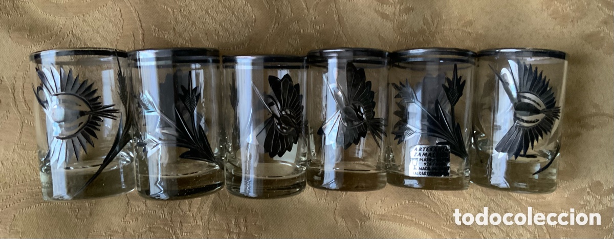 Vintage: 5 VASOS VINTAGE CRISTAL SOPLADO CON INCRUSTACIONES DE PLATA 925 ARTESAN&Iacute;A ZAMALLOA PERU