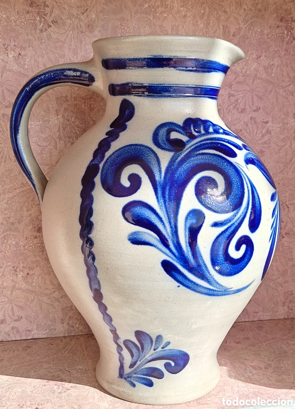 Vintage: Espectacular Jarra de Gres Alemana (Westerwald) M. Schilz - Esmalte de Sal y Azul Cobalto - 3 Litros