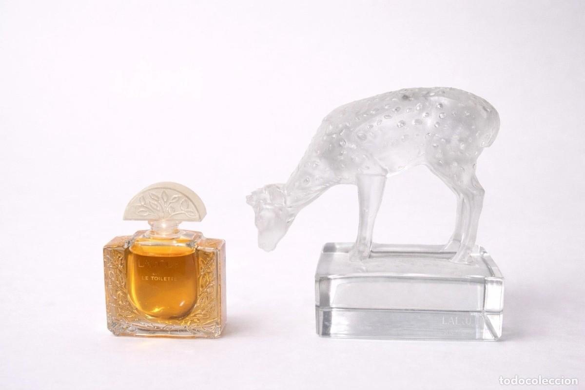 Vintage: Lalique France &mdash; cierva de cristal firmada con desconchones y miniatura de perfume
