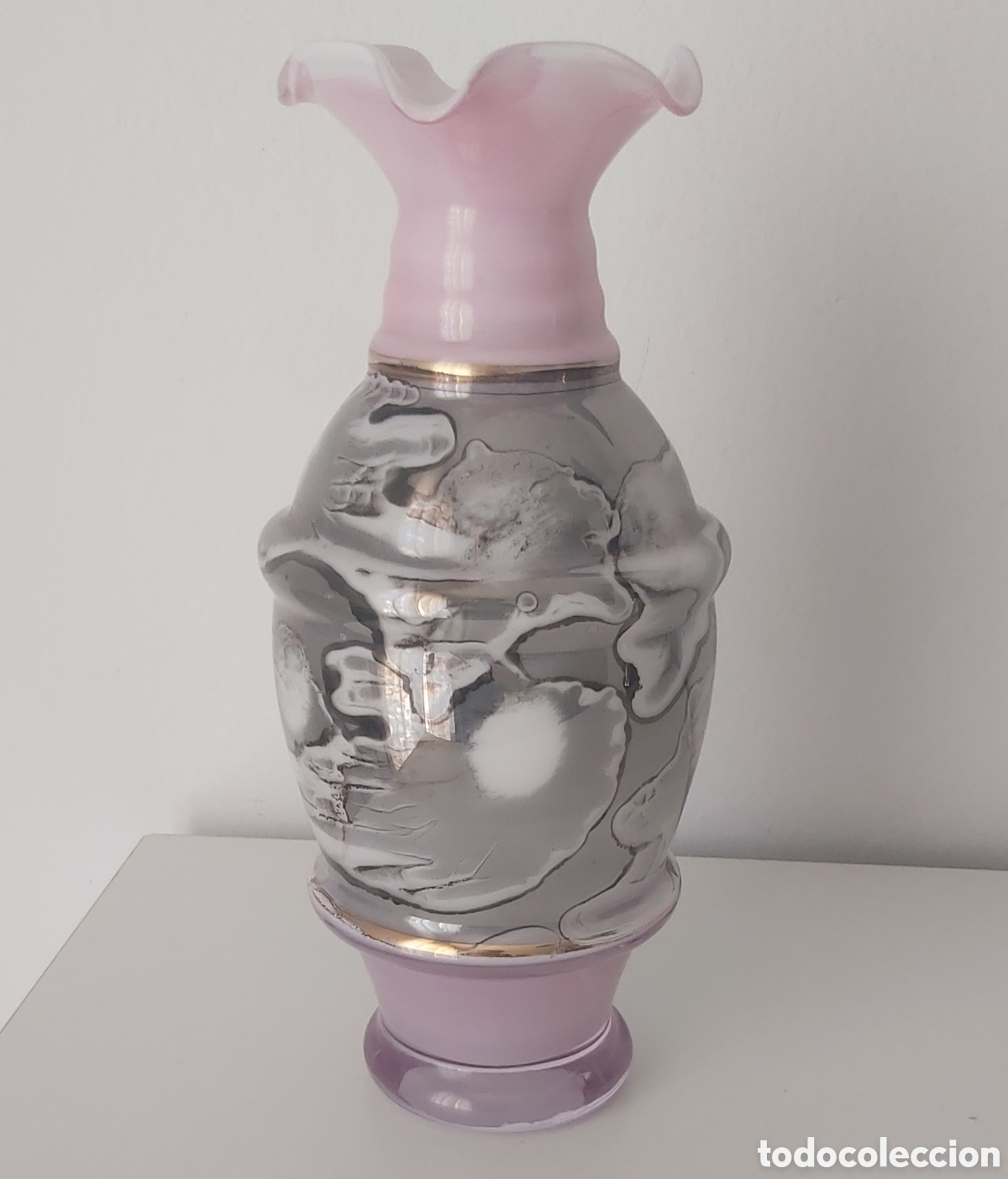 Vintage: Jarr&oacute;n Murano Kristall Mery A&ntilde;os 70 Opalina Rosa Gris 24cm Italia