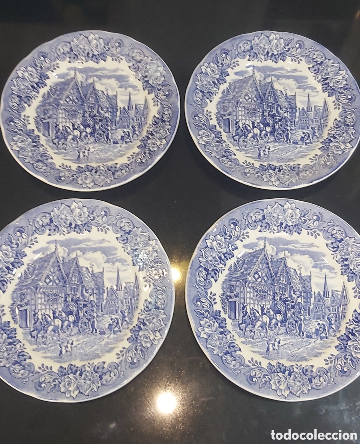 Vintage: Lote de 4 Platos Ceramica Inglesa Ironstone &rdquo;Coaching Scenes&rdquo; (1990) 24cm