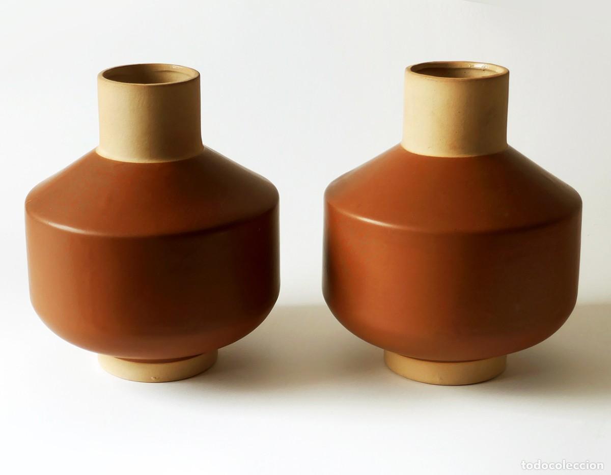 Vintage: MAGN&Iacute;FICA PAREJA 2X JARRONES DISE&Ntilde;O CIL&Iacute;NDRICO DE CER&Aacute;MICA MID-CENTURY VINTAGE