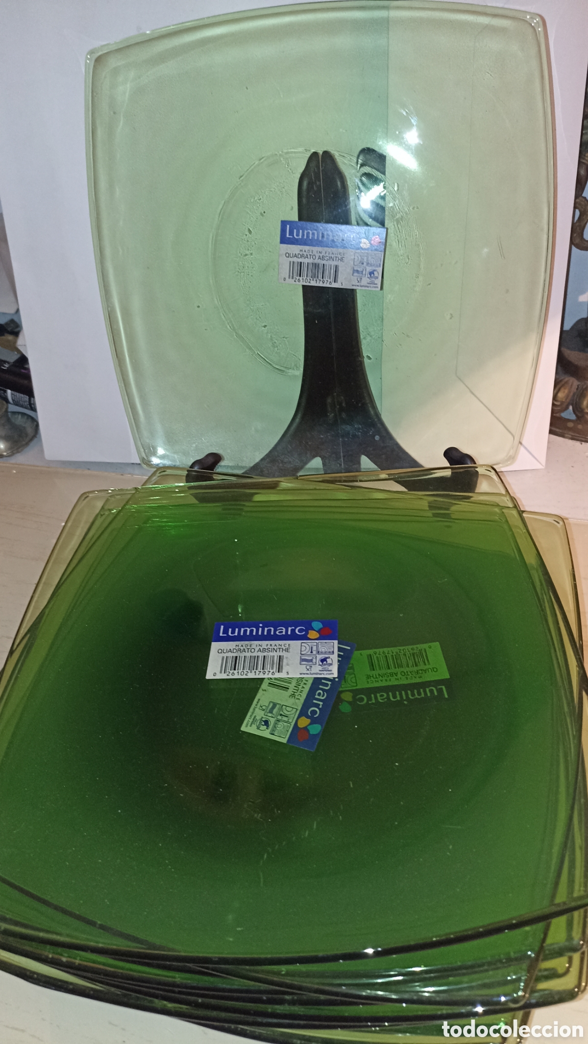 Vintage: Set 12 Platos Llanos Luminarc Quadrato Absinthe Verde Etiqueta