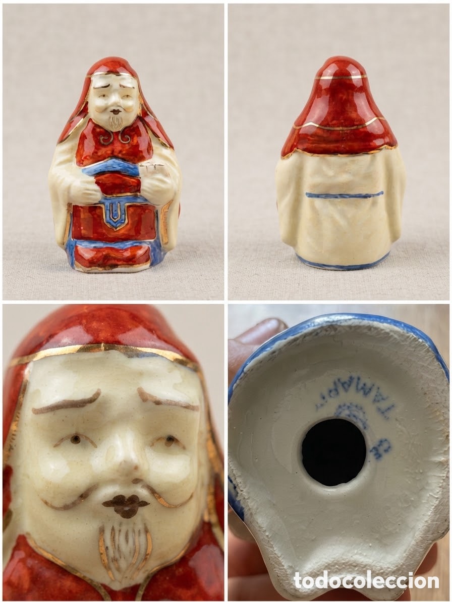 Vintage: Figura de Porcelana Vintage - Sabio/Anciano Oriental en Rojo, Blanco y Oro (Sello Tamarit CE)