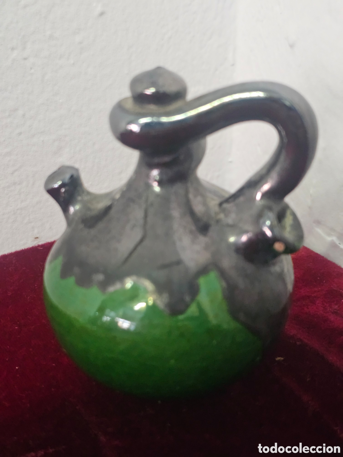 Vintage: Antiguo Botijo Minitura / Porr&oacute;n de Cer&aacute;mica Vidriada - Verde y Plateado - C. 8 cm