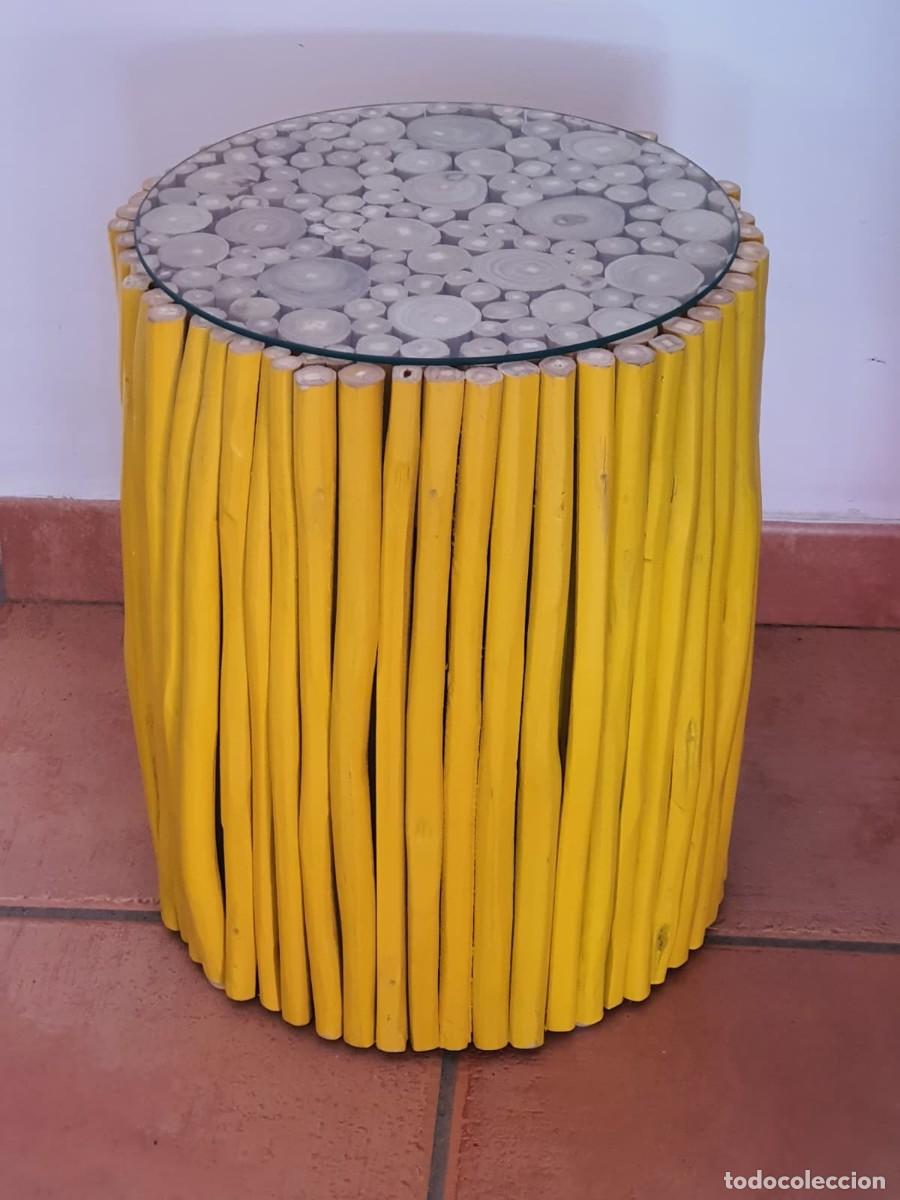 Vintage: Mesa auxiliar tronco madera y cristal