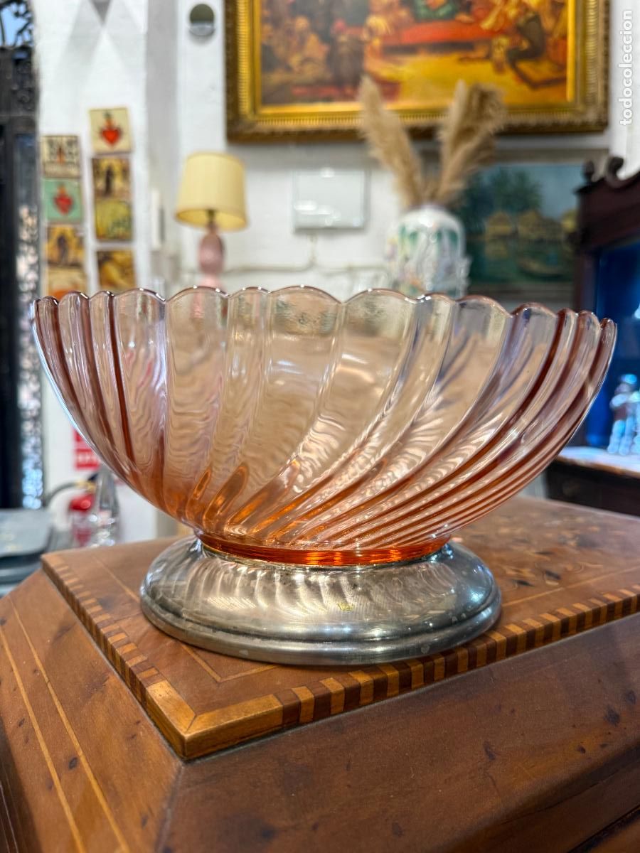 Vintage: CENTRO DE MESA DE CRISTAL Y BASE DE ALPACA CON BA&Ntilde;O DE PLATA - MEDIDA 27X13 CM
