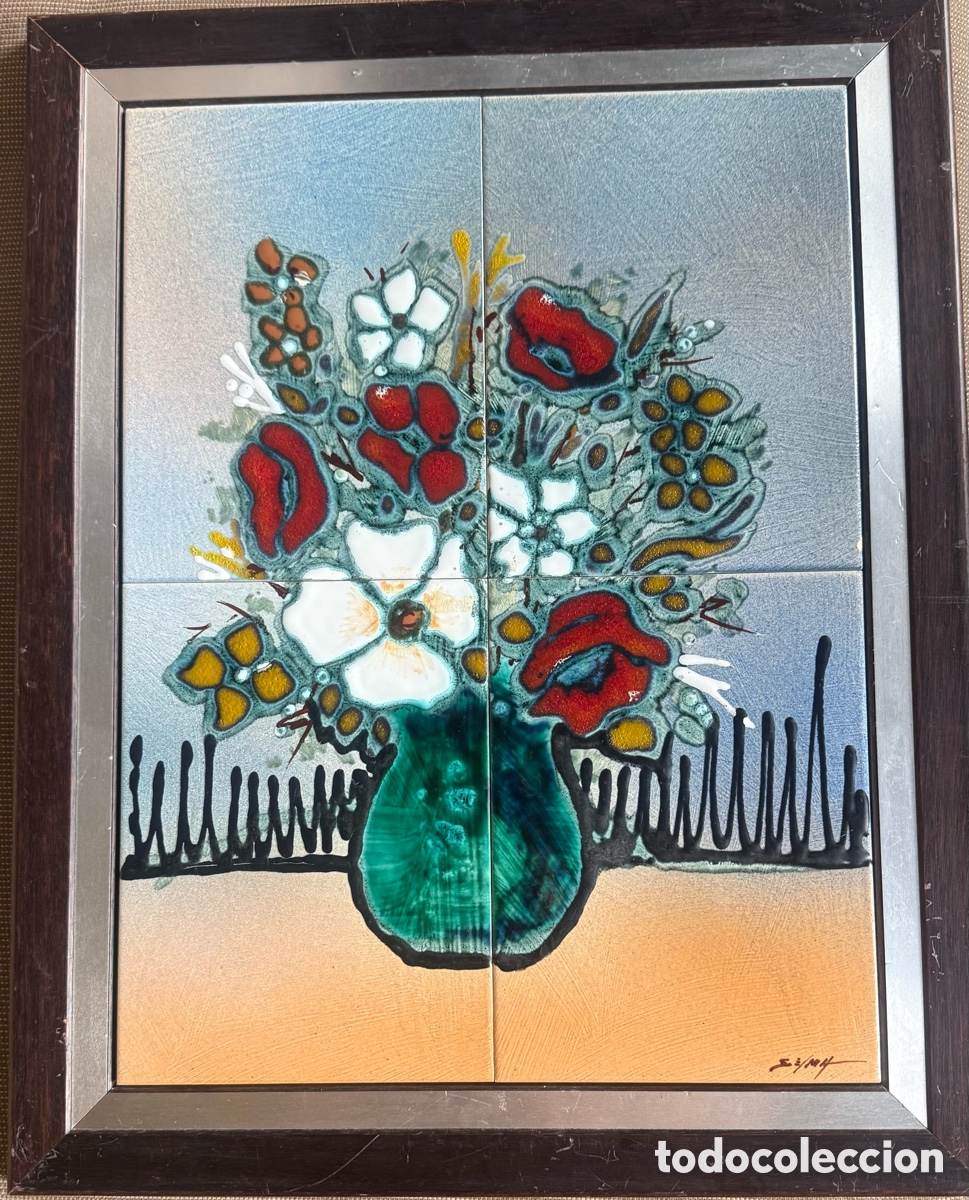 Vintage: Precioso cuadro cer&aacute;mico mural (jarr&oacute;n floral)