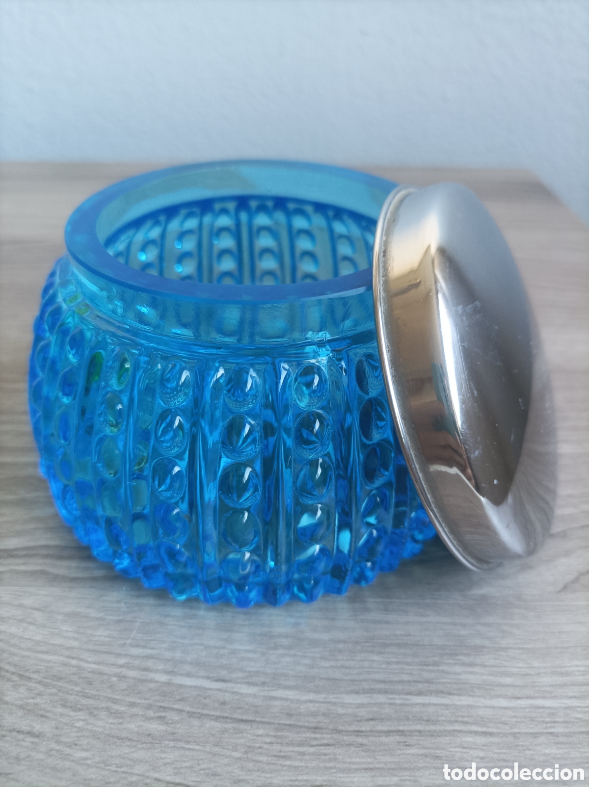 Vintage: Tarro tocador vintage 70,s cristal azul