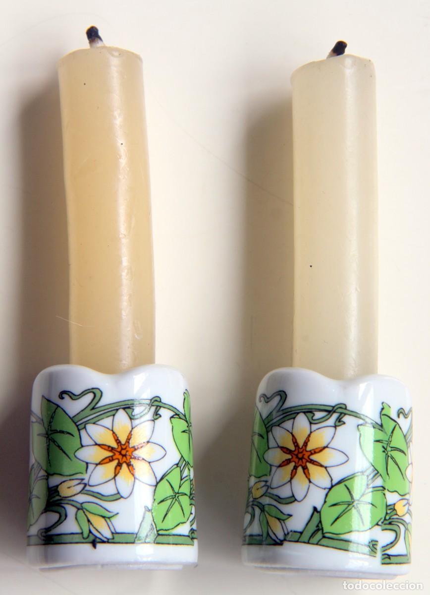 Vintage: ALEMANIA: PAREJA DE CANDELABROS MINIATURA DE CERAMICA - &ndash; 2,5 cm DIAMETRO