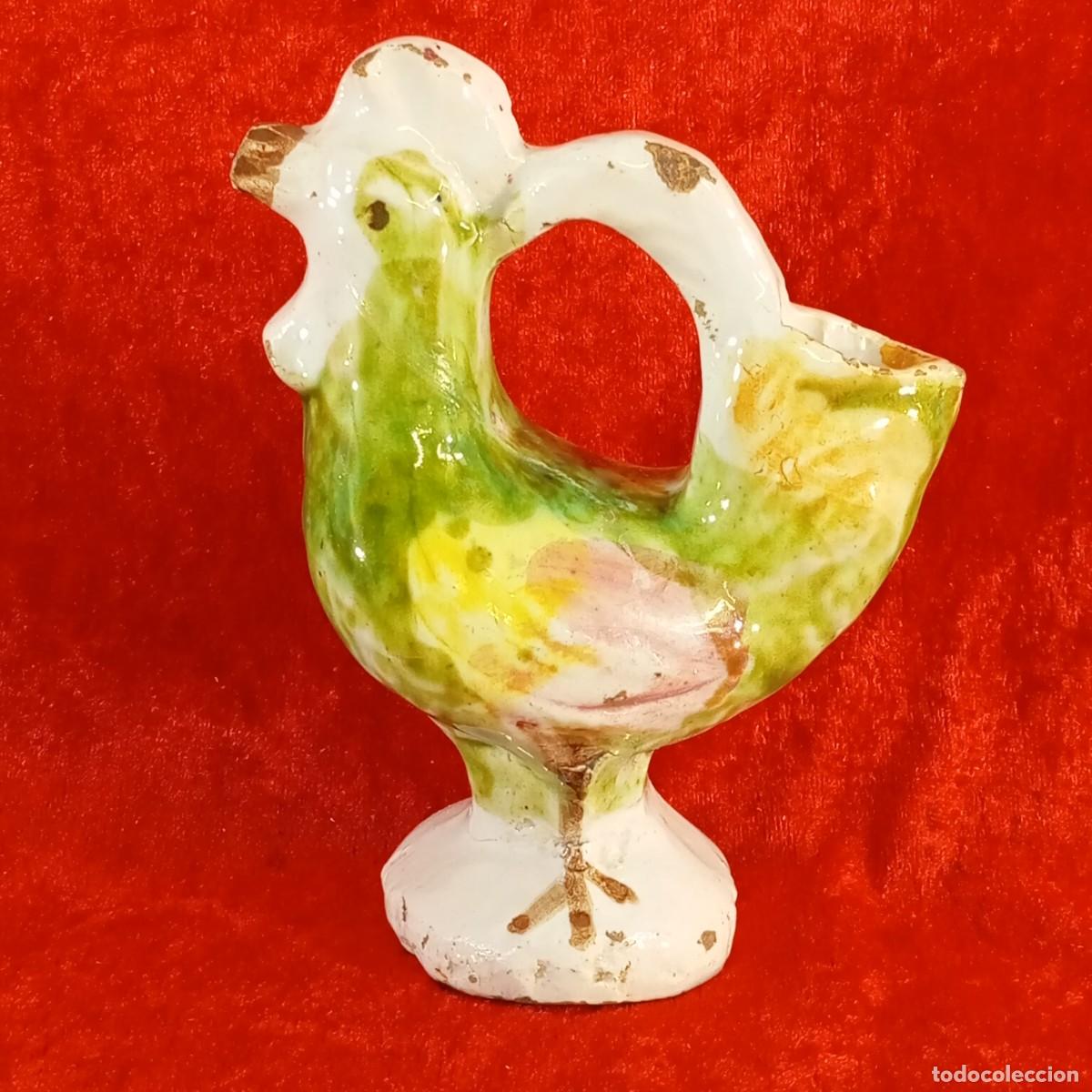 Vintage: PRECIOSO BOTIJO DE CERAMICA ESMALTADA ESPA&Ntilde;OLA PINTADA A MANO - GALLO O GALLINA - 13 CM