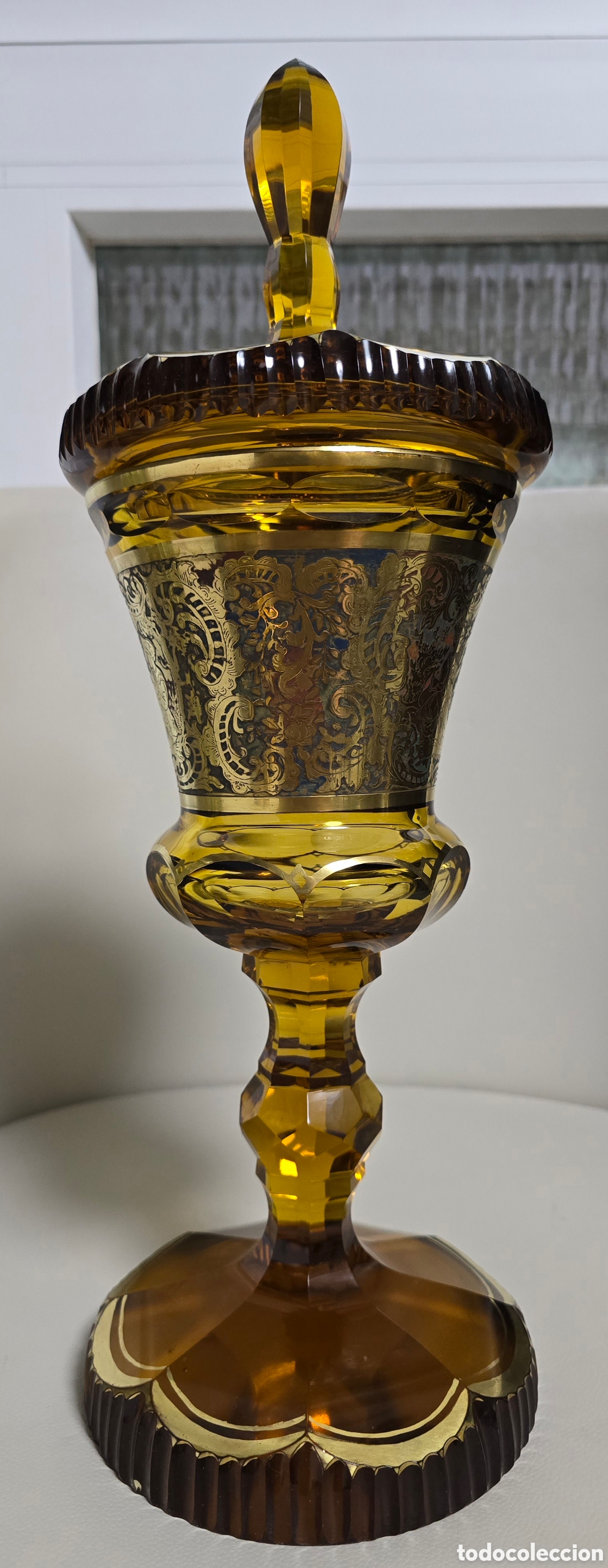Vintage: Gran Cop&oacute;n/Cucharero en Cristal (Moser), de Bohemia &Aacute;mbar con Espectacular Grabado al &aacute;cido (44 cm)
