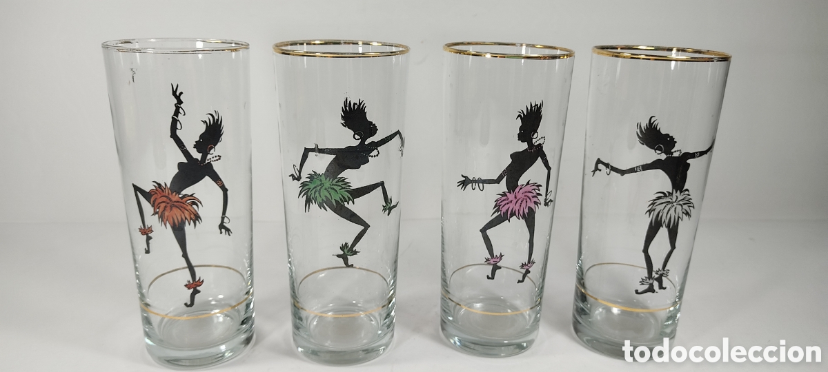 Vintage: CUATRO VASOS VINTAGE DE COCKTAIL, CON DANZARINAS AFRICANAS. A&Ntilde;OS 60 (+2 DE REGALO)