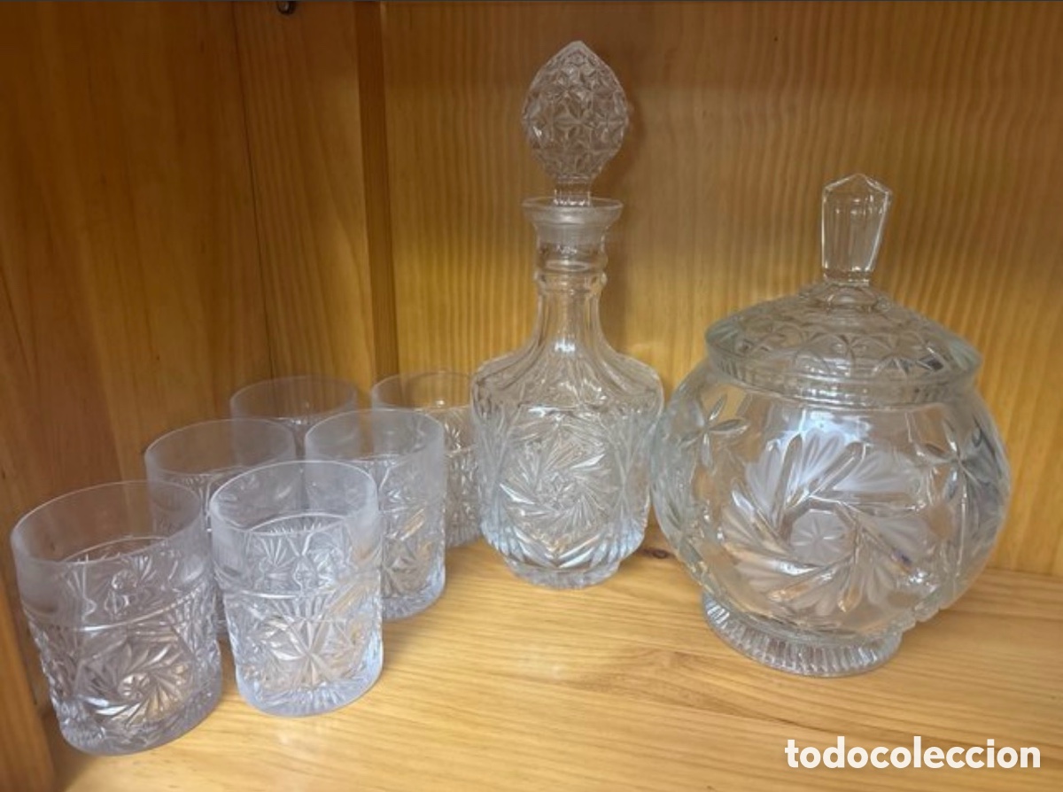 Vintage: Conjunto licorera, cubitera y 6 vasos cristal