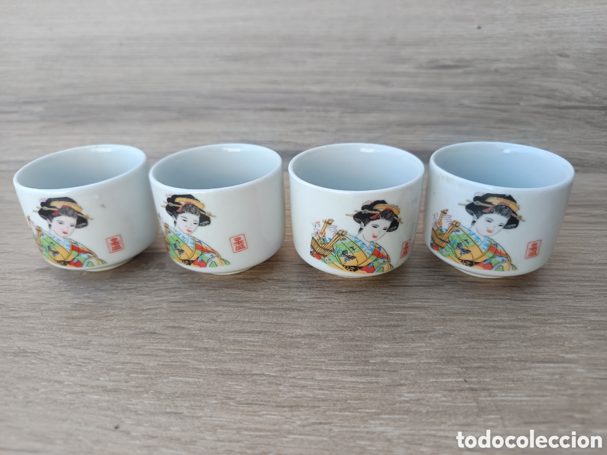 Vintage: vasos sake en porcelana japonesa con gheisa