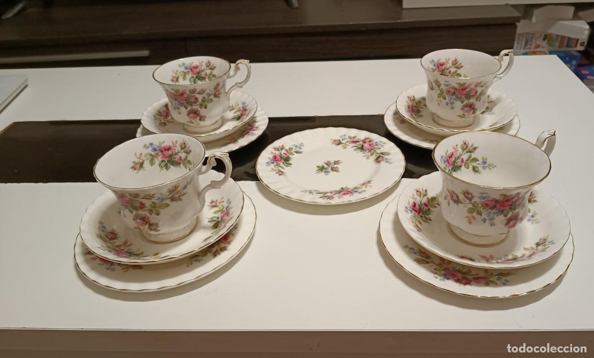 Vintage: ELEGANTE SERVICIO DE 4 TRIO DE T&Eacute;+1 PLATILLO DE POSTRE(13 PIEZAS)DE PORCELANA FINA,DE ROYAL ALBERT