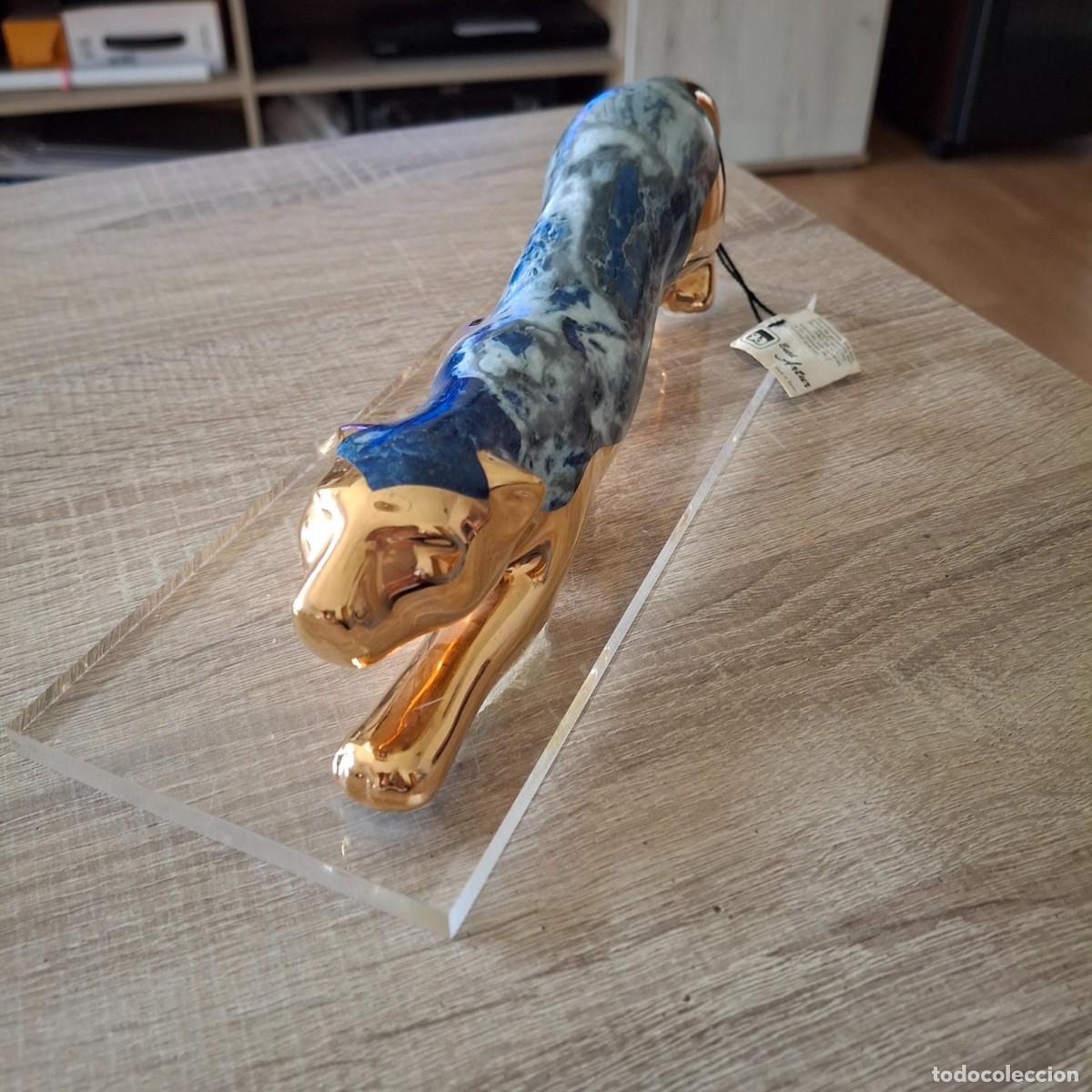 Vintage: Escultura Pantera Art D&eacute;co - Estil Artur - Porcelana Marmoleada Azul y Oro de Ley - Con peana de met
