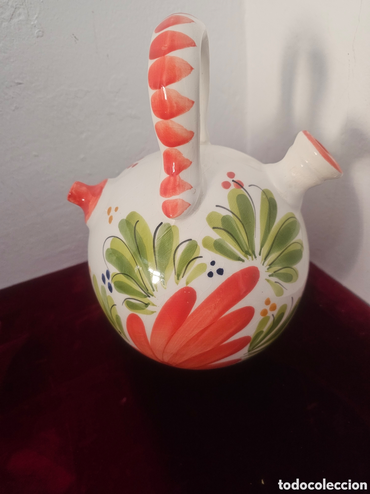Vintage: Botijo de Cer&aacute;mica Esmaltada Decorado a Mano - Motivos Florales - 25 cm 1990s
