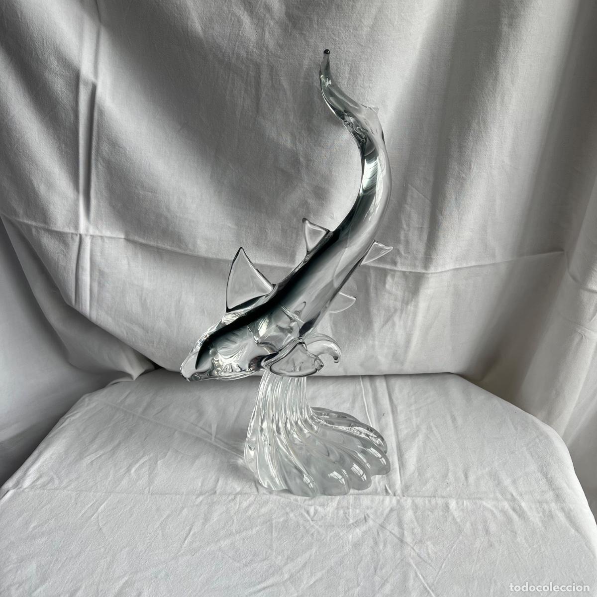 Vintage: Espectacular Escultura de Tibur&oacute;n en Cristal Macizo de Murano - T&eacute;cnica Sommerso - A&ntilde;os 60/70