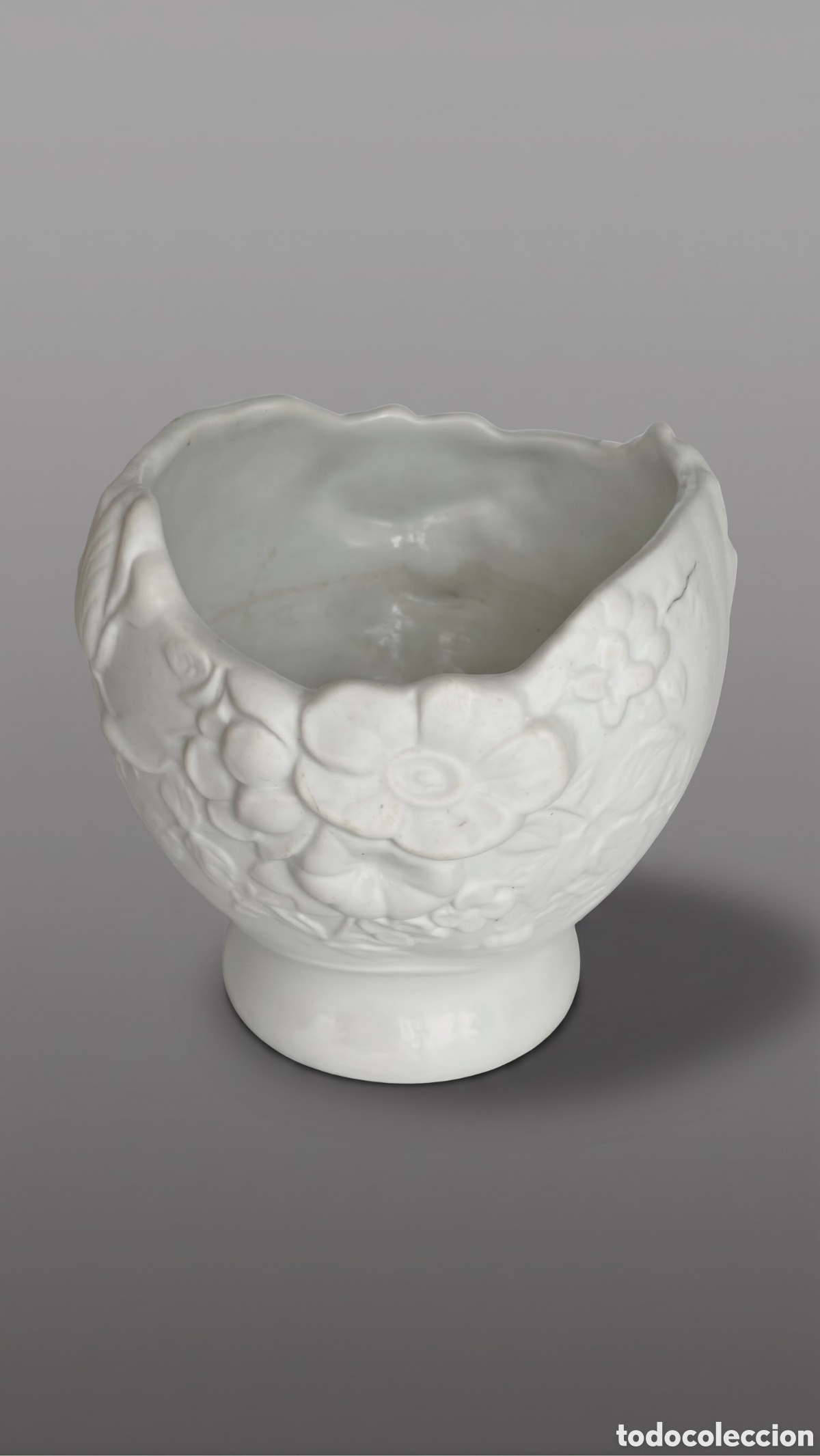 Vintage: Antiguo macetero / cubremacetero flores en relieve - Cer&aacute;mica blanca mate tipo biscuit