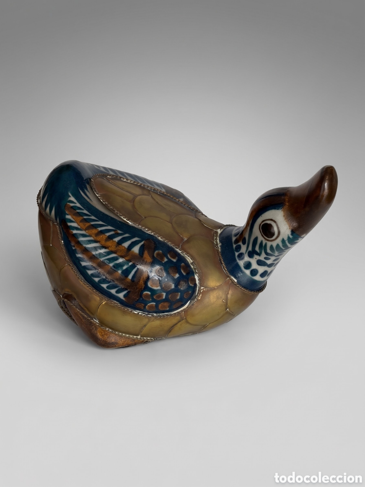 Vintage: Figura Vintage de Pato en Cer&aacute;mica y Lat&oacute;n &ndash; Arte Popular Tonal&aacute; (M&eacute;xico), c. 1970