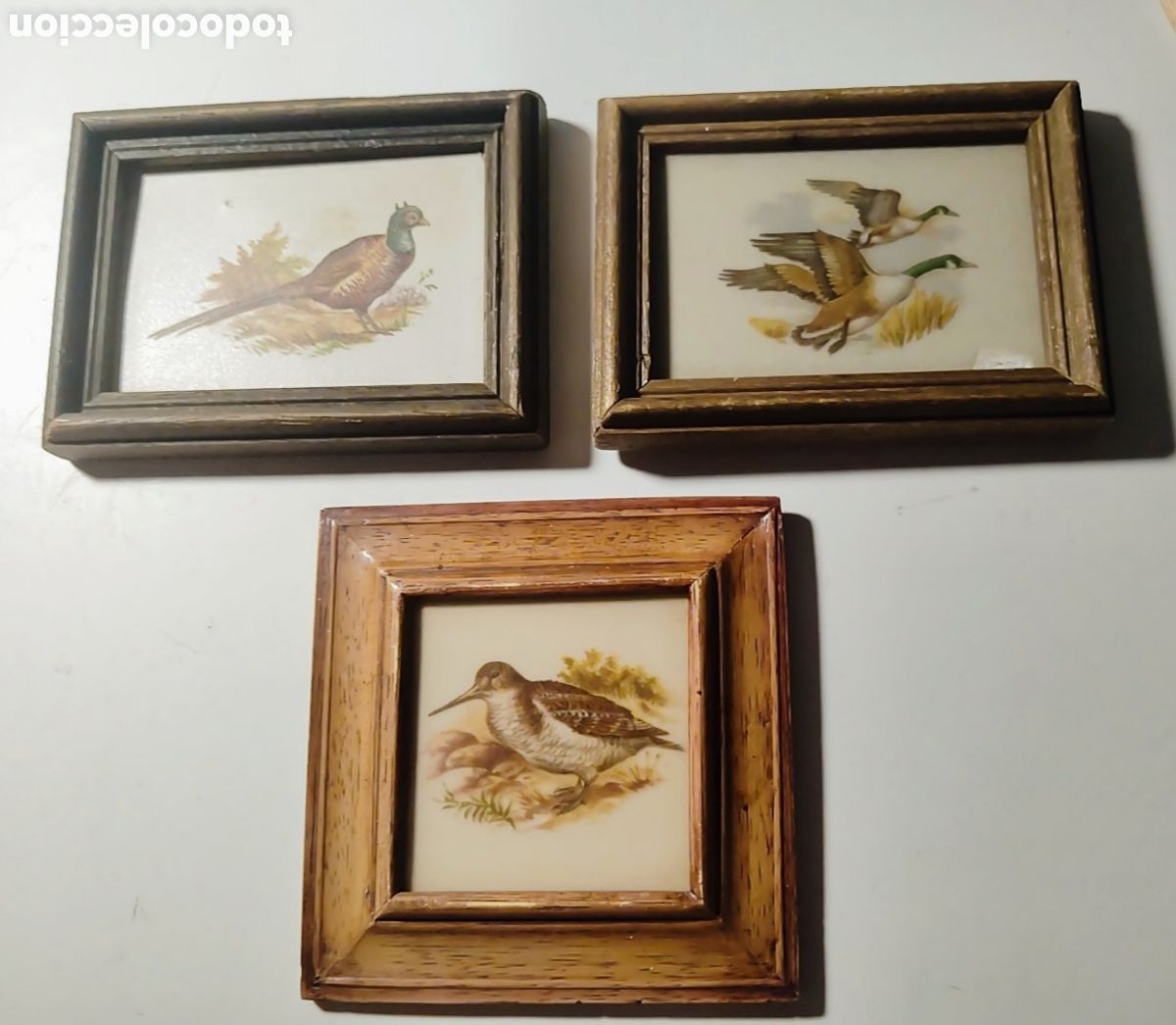 Vintage: Lote de 3 azulejos porcel&aacute;nicos en miniatura, decorativos, aves. Enmarcados