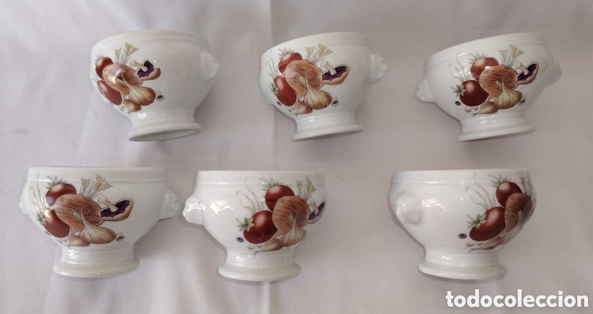 Vintage: Lote 6 Cuencos de Sopa con Cabezas de Le&oacute;n. Porcelana Refractaria Pyroluxe - Louis Lourioux France