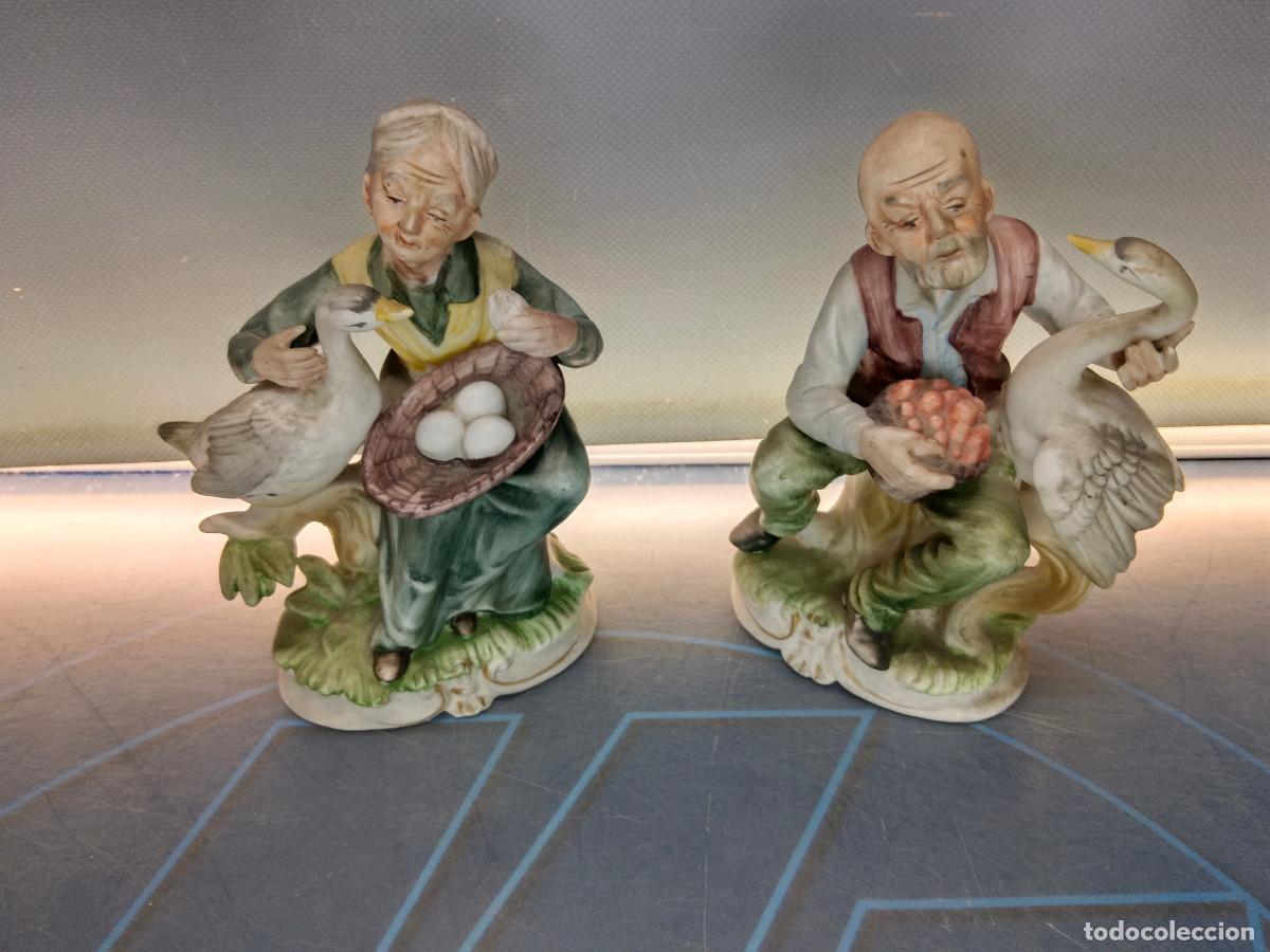 Vintage: 2 figuras porcelana, ancianos japoneses con gansos u ocas 17 cm