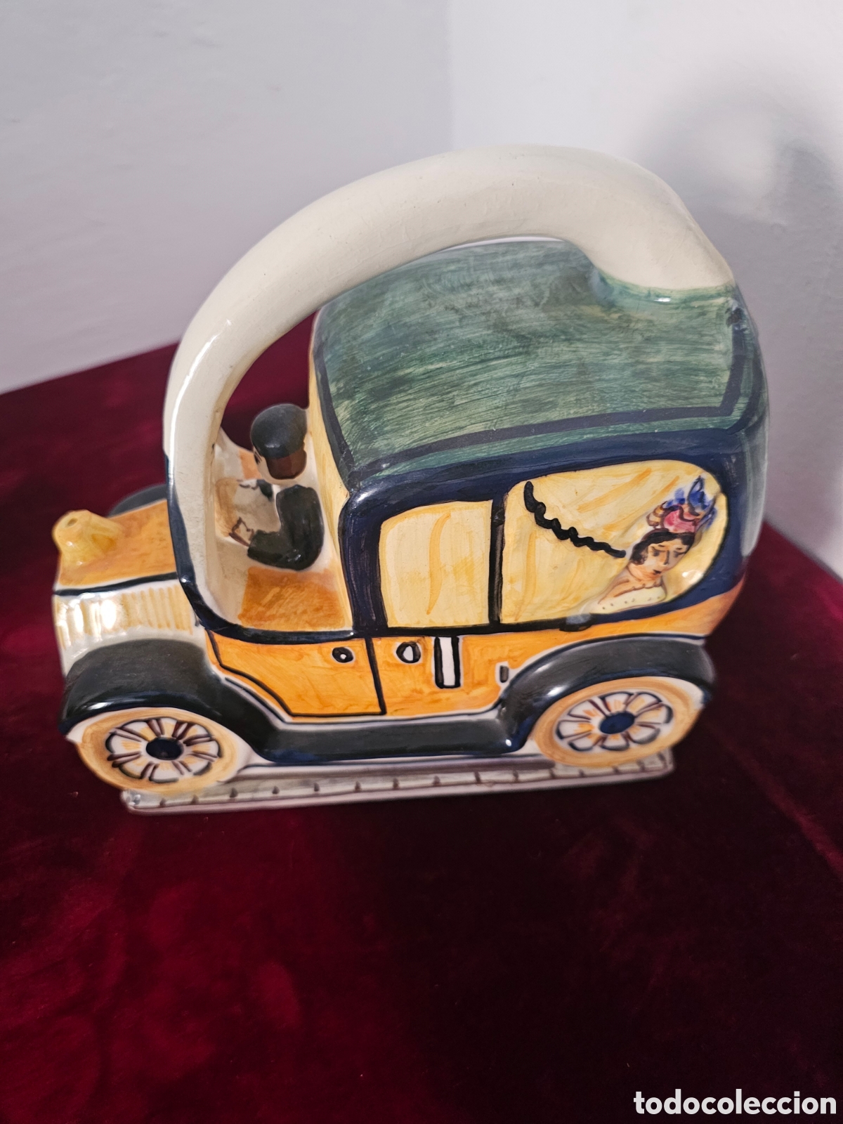 Vintage: C&aacute;ntaro Cer&aacute;mica Coche Antiguo &Eacute;poca C&aacute;ntaro Figurativo Firmado Maestre A-110