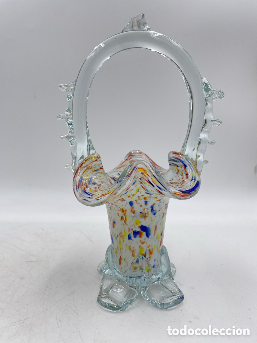 Vintage: cesta, florero cristal de Murano. estilo millefiori o confeti multicolor, Italia a&ntilde;os 60-70.