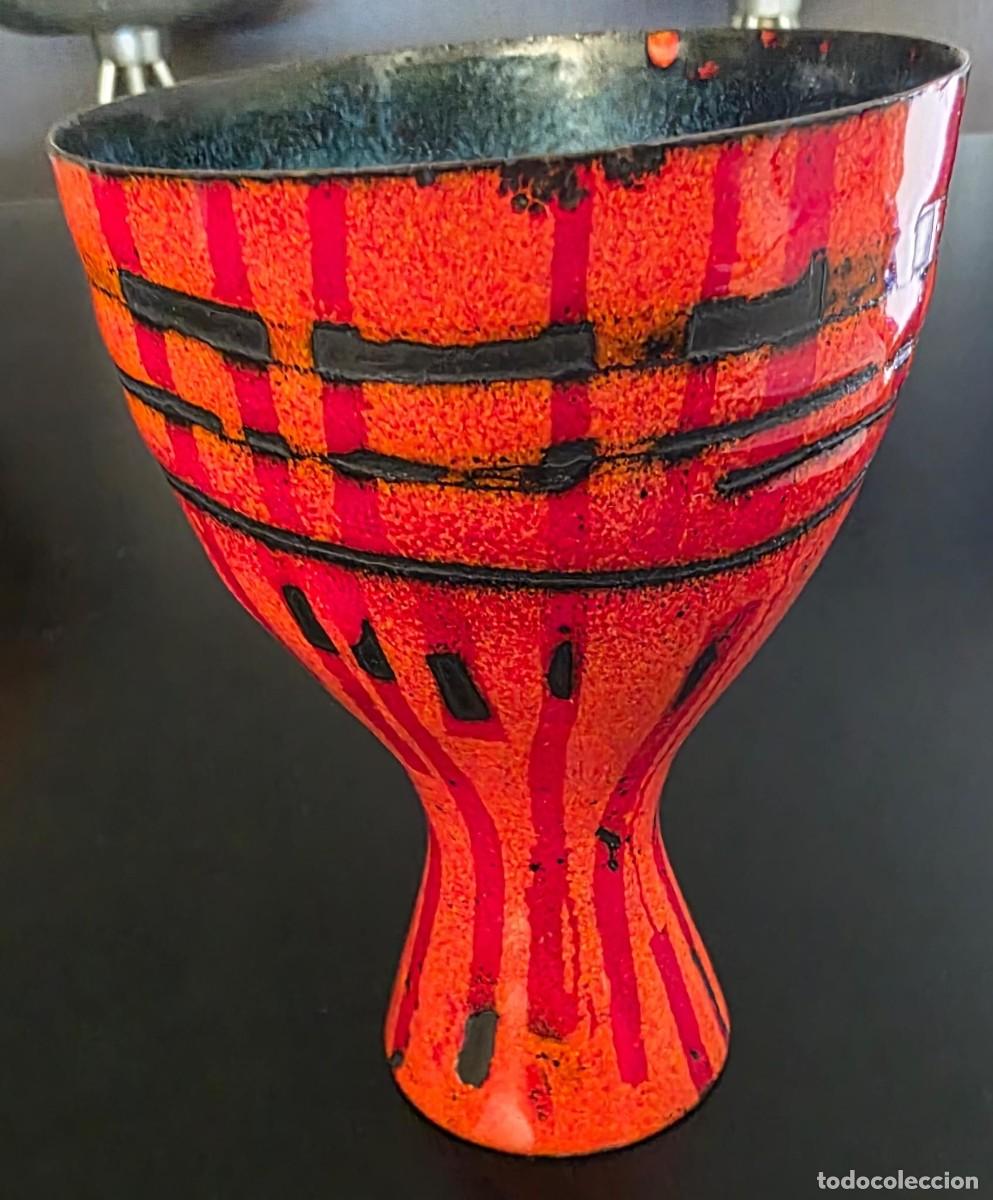 Vintage: Jarr&oacute;n de cer&aacute;mica esmaltada vintage estilo Mid Century &ndash; Dise&ntilde;o geom&eacute;trico rojo, naranja y negro