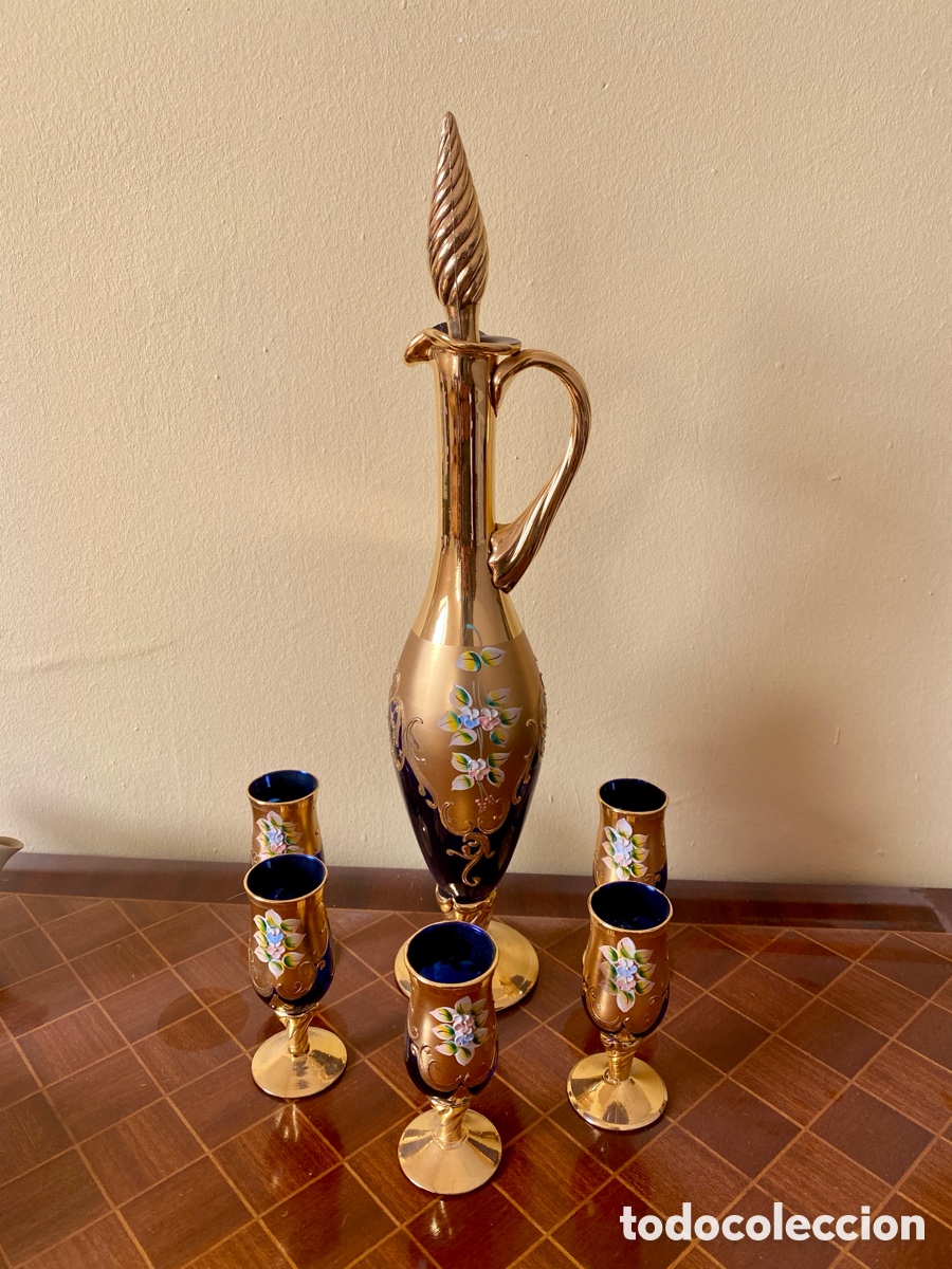 Vintage: Servicio de licorera y 5 copas de cristal de Murano vintage