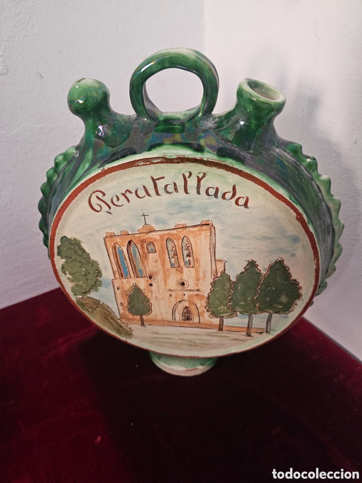Vintage: Botijo Cantimplora Ceramica Vidriada Verde Peratallada - Souvenir Vintage
