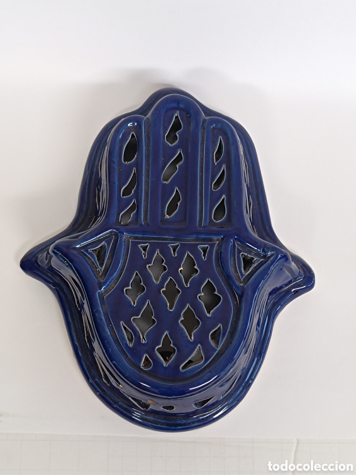 Vintage: Gran Mano de F&aacute;tima (Jamsa) de Cer&aacute;mica Calada - Azul Cobalto - 27 cm