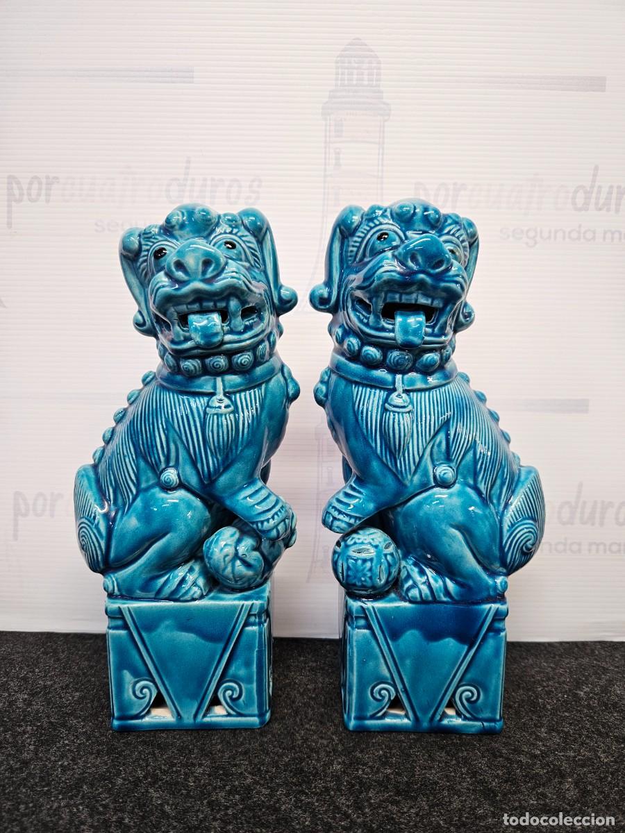 Vintage: Pareja perros Foo - leones guardianes - Porcelana azul turquesa - Vintage