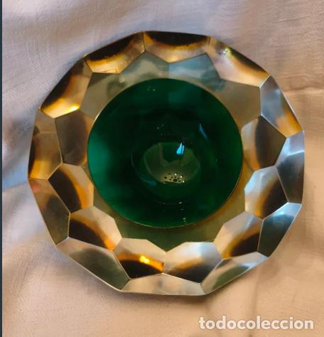 Vintage: Cenicero Murano Flavio Poli, verde y &aacute;mbar, Sommerso. Facetado